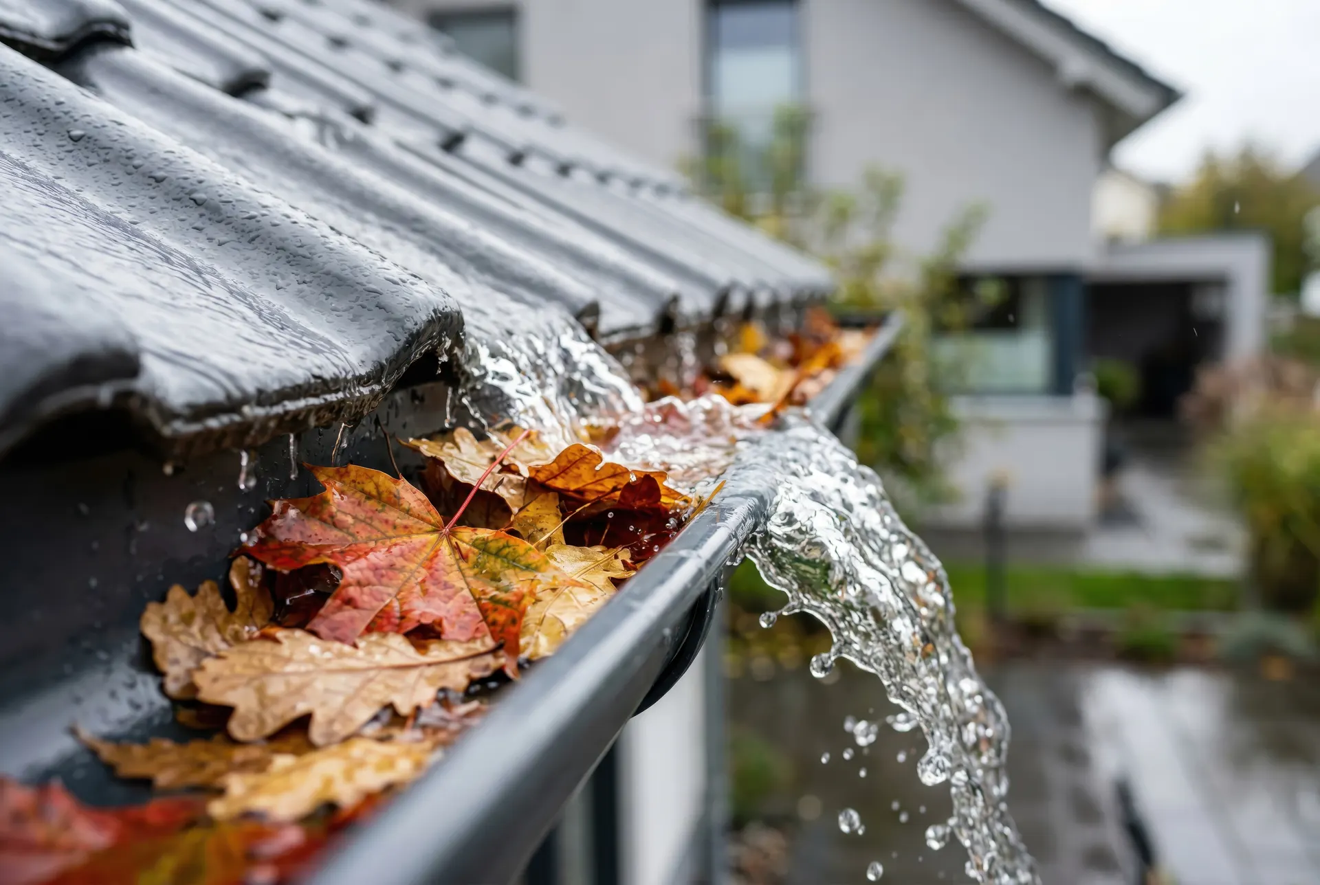 Gutter overflowing in heavy rain — gutter stress study
