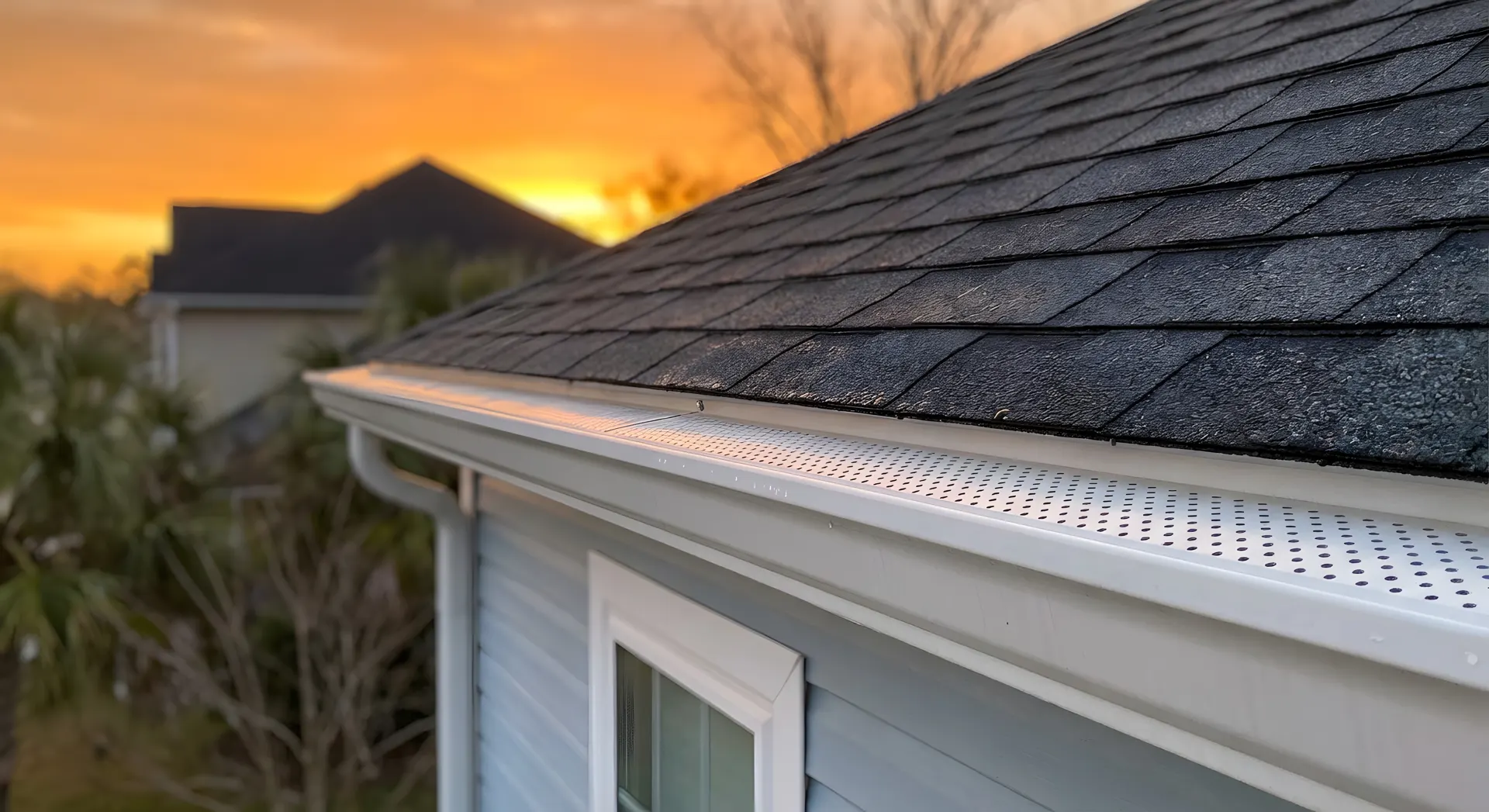 Roofline and gutters at sunset